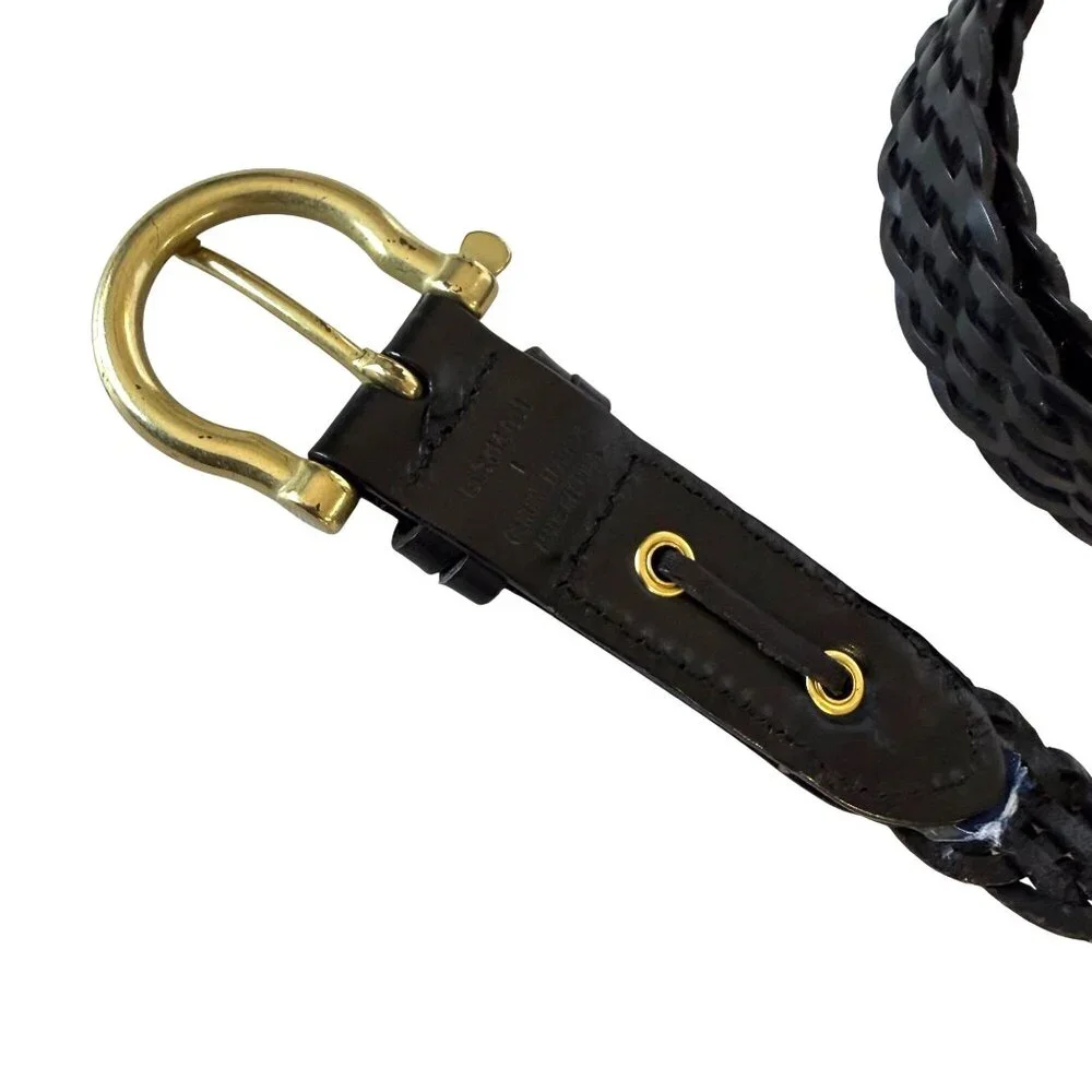 Leather Braided Belt L 45" Womens Black Gold Metal Buckle - Picture 4 of 5